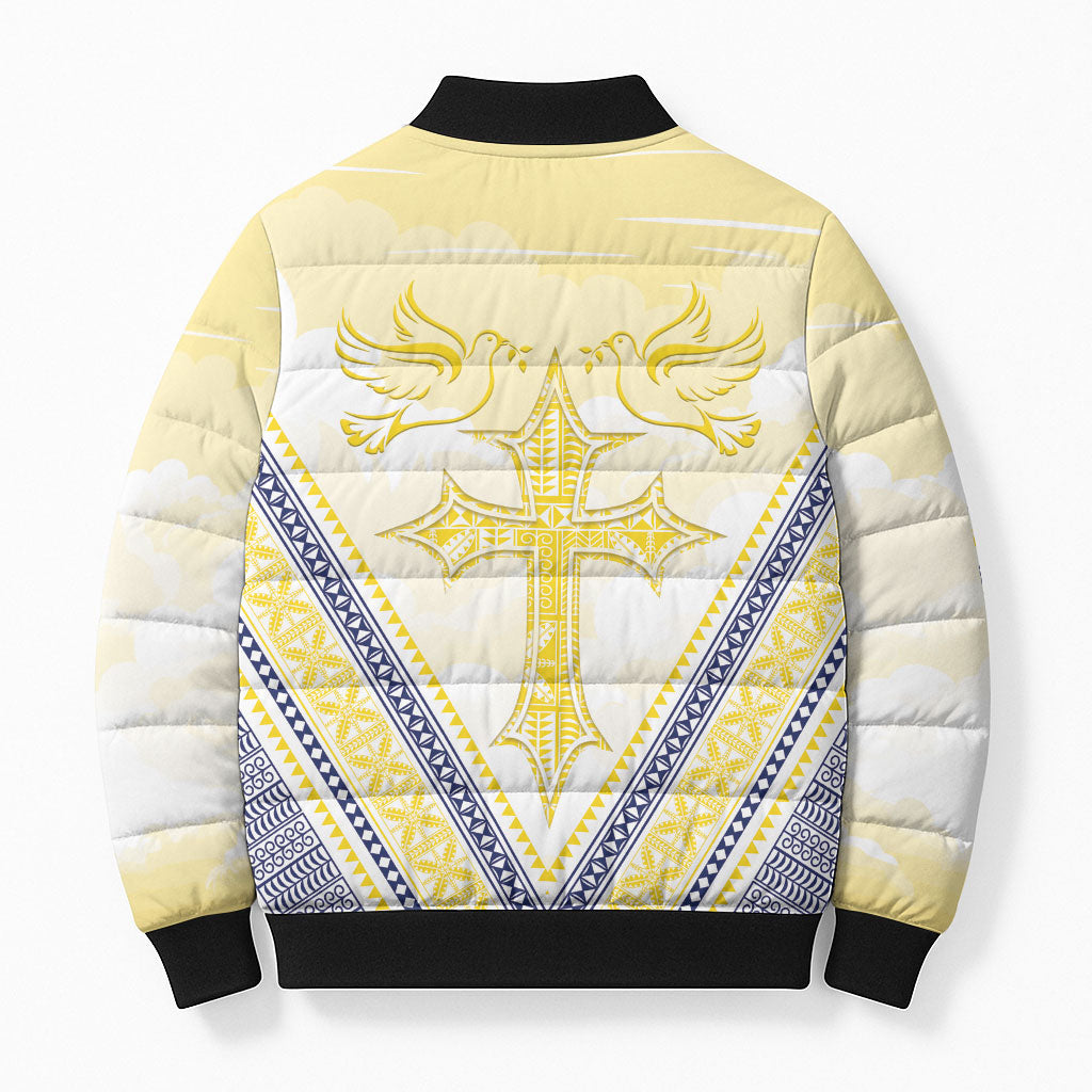 Peniamina Gospel Day Niue Bomber Puffer Jacket Cross Dove Hiapo Pattern Yellow LT14 - Polynesian Pride