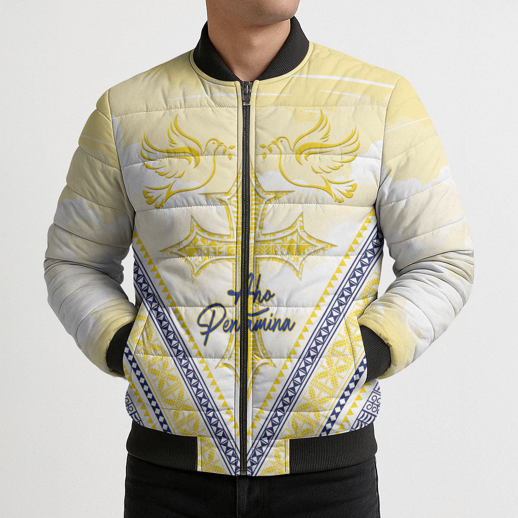 Peniamina Gospel Day Niue Bomber Puffer Jacket Cross Dove Hiapo Pattern Yellow LT14 - Polynesian Pride