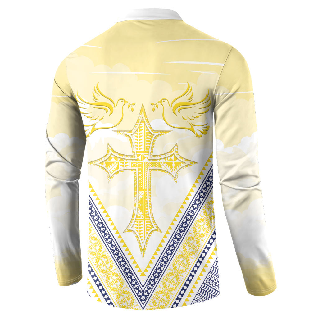 Peniamina Gospel Day Niue Button Sweatshirt Cross Dove Hiapo Pattern Yellow LT14 - Polynesian Pride