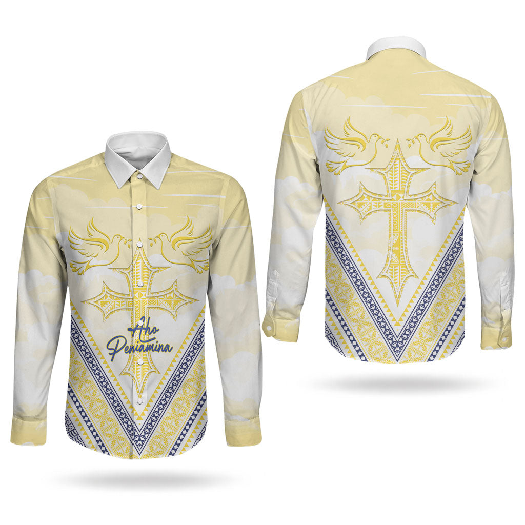 Peniamina Gospel Day Niue Couples Matching Off Shoulder Maxi Dress and Long Sleeve Button Shirt Cross Dove Hiapo Pattern Yellow LT14 - Polynesian Pride
