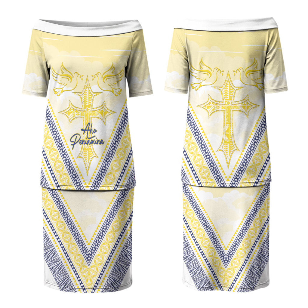 Peniamina Gospel Day Niue Couples Matching Puletasi and Hawaiian Shirt Cross Dove Hiapo Pattern Yellow LT14 - Polynesian Pride
