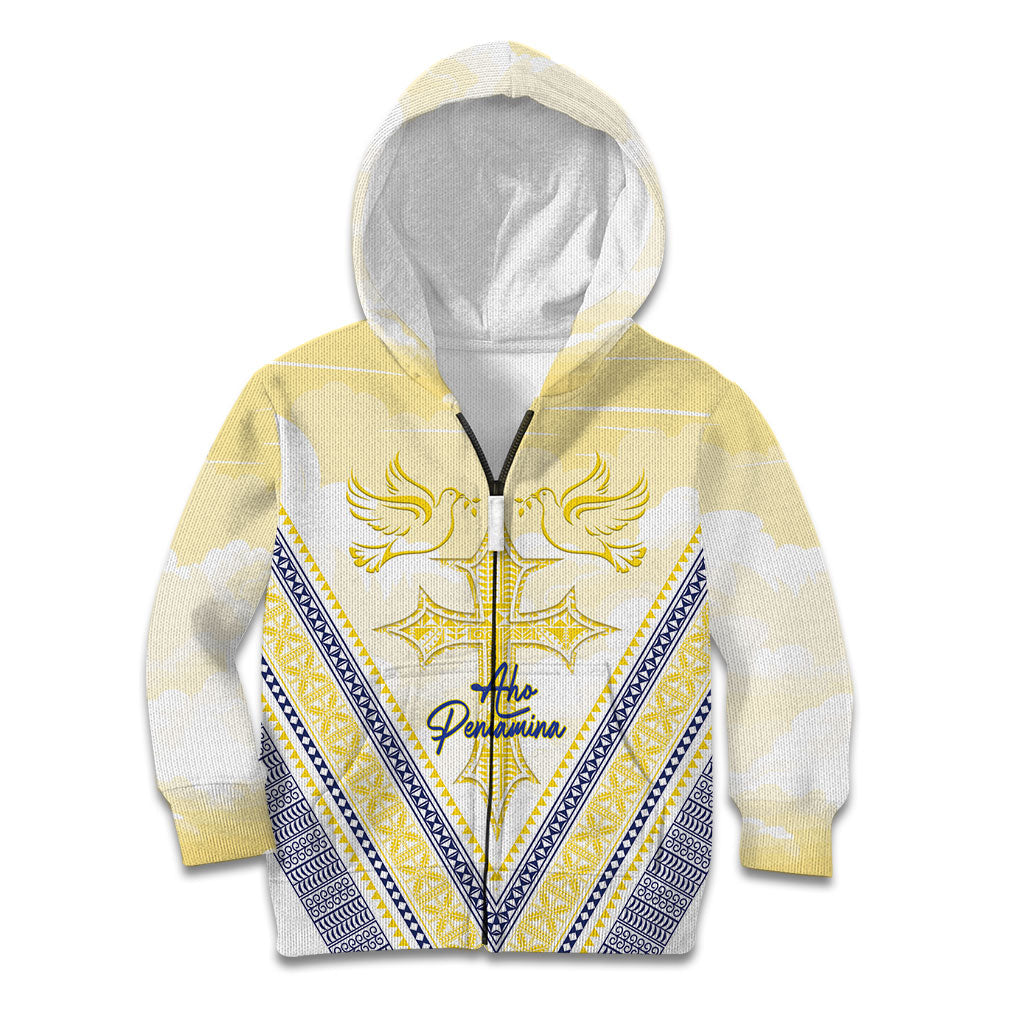 Peniamina Gospel Day Niue Kid Hoodie Cross Dove Hiapo Pattern Yellow LT14 Zip Hoodie Yellow - Polynesian Pride
