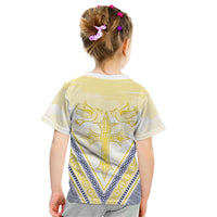 Peniamina Gospel Day Niue Kid T Shirt Cross Dove Hiapo Pattern Yellow LT14 - Polynesian Pride