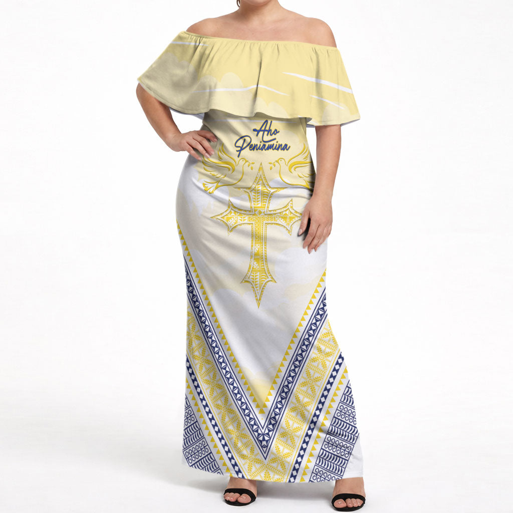 Peniamina Gospel Day Niue Off Shoulder Maxi Dress Cross Dove Hiapo Pattern Yellow LT14 Women Yellow - Polynesian Pride