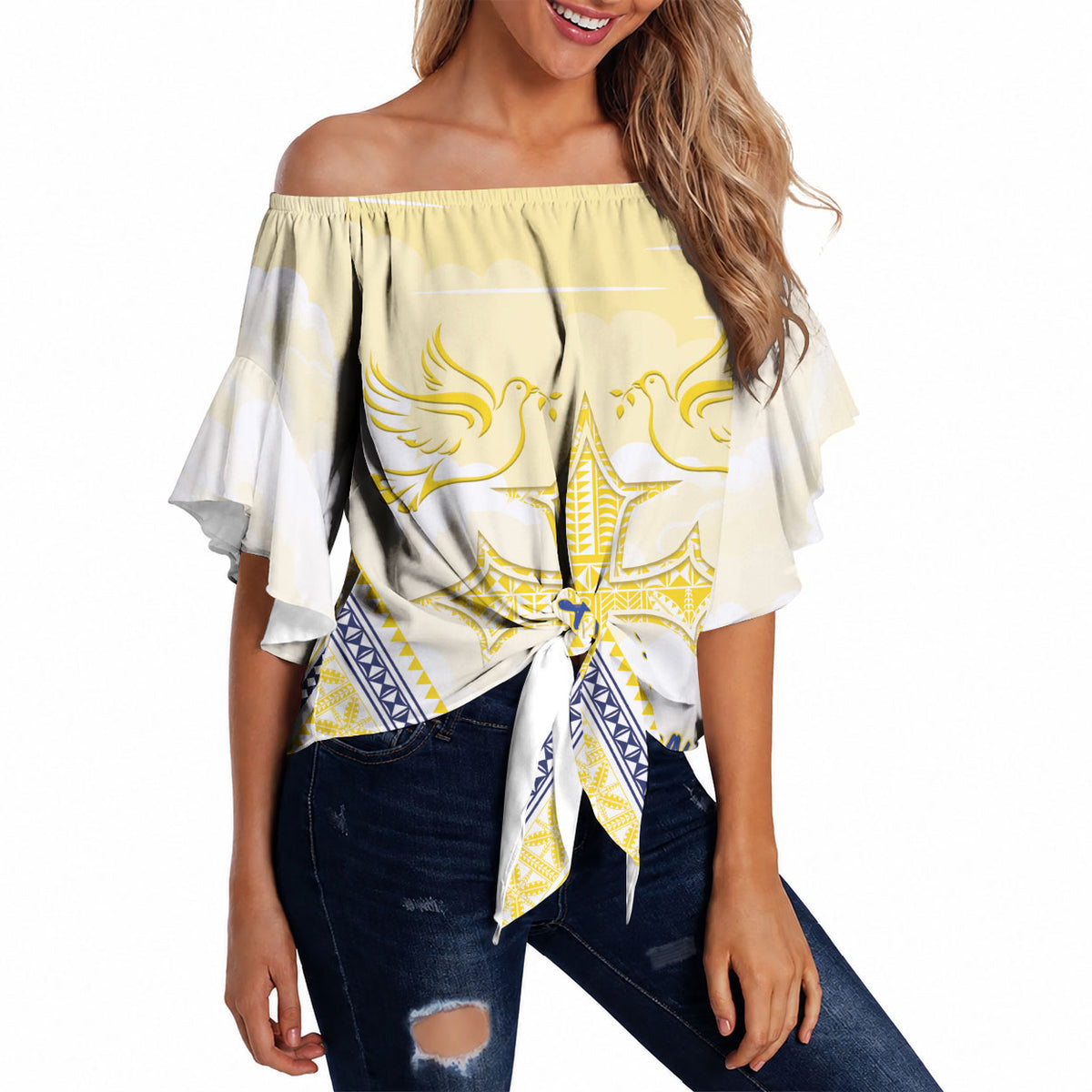 Peniamina Gospel Day Niue Off Shoulder Wrap Waist Top Cross Dove Hiapo Pattern Yellow LT14 Yellow - Polynesian Pride