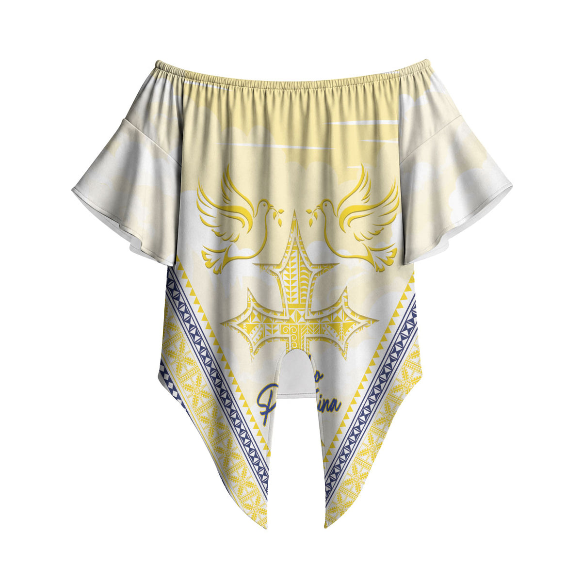 Peniamina Gospel Day Niue Off Shoulder Wrap Waist Top Cross Dove Hiapo Pattern Yellow LT14 - Polynesian Pride
