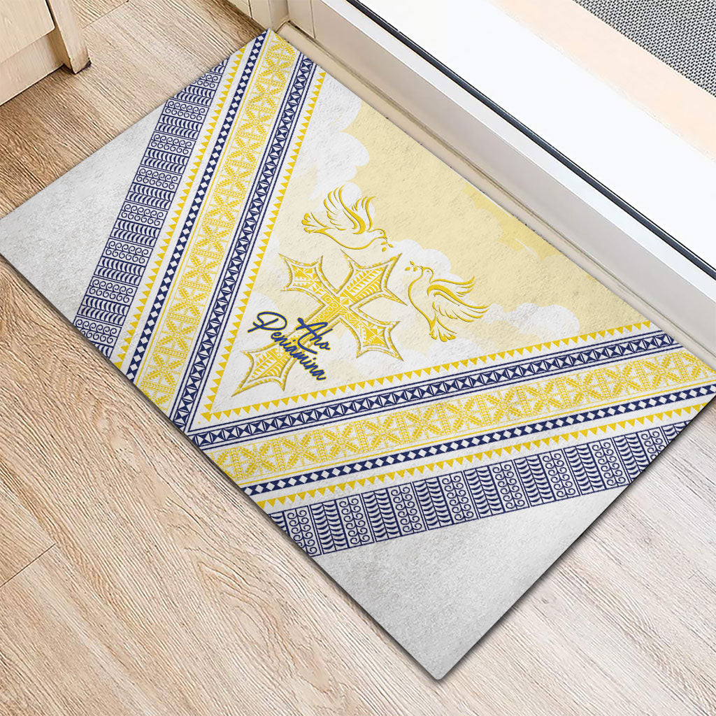 Peniamina Gospel Day Niue Rubber Doormat Cross Dove Hiapo Pattern Yellow LT14 - Polynesian Pride