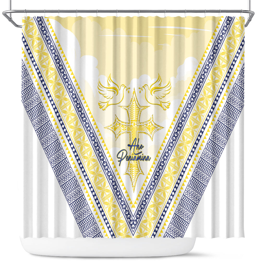 Peniamina Gospel Day Niue Shower Curtain Cross Dove Hiapo Pattern Yellow LT14 Yellow - Polynesian Pride