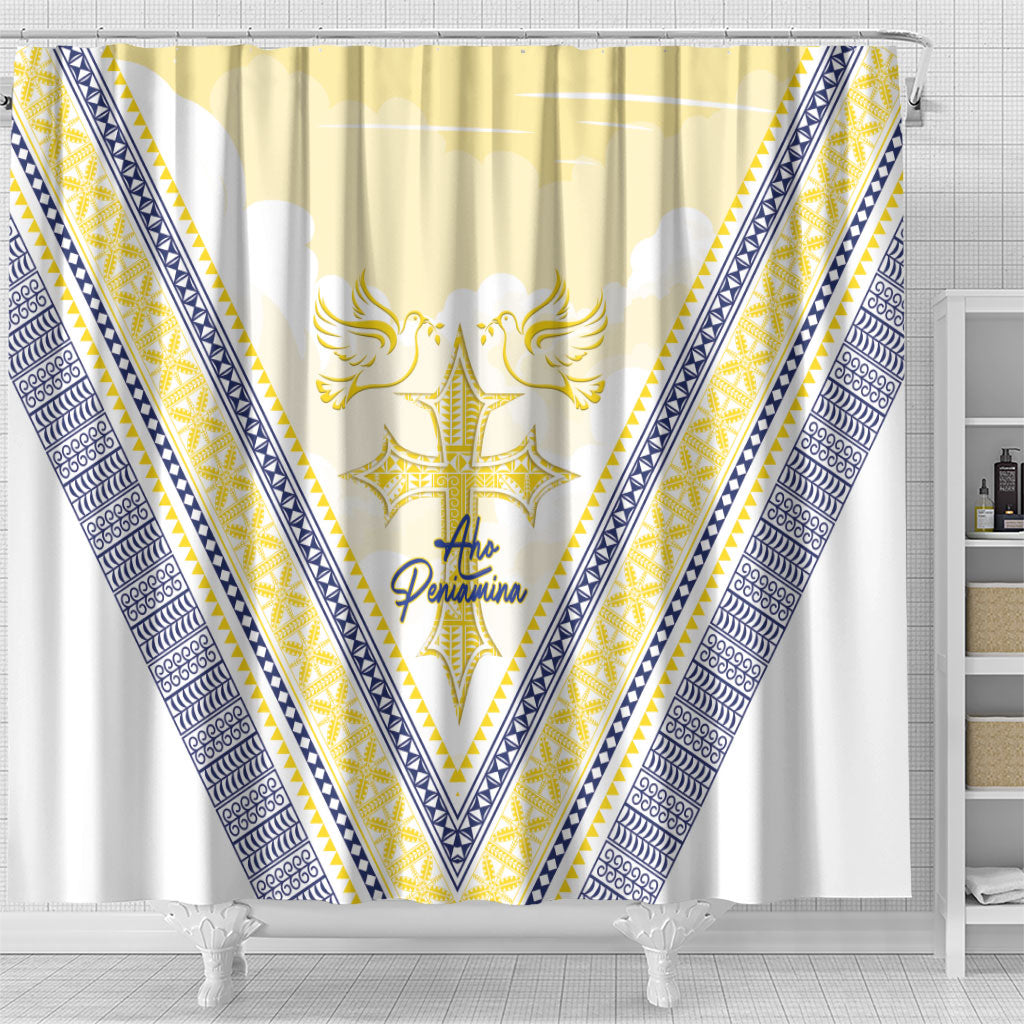 Peniamina Gospel Day Niue Shower Curtain Cross Dove Hiapo Pattern Yellow LT14 - Polynesian Pride
