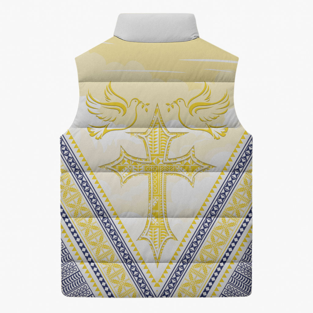 Peniamina Gospel Day Niue Sleeveless Puffer Jacket Cross Dove Hiapo Pattern Yellow LT14 - Polynesian Pride