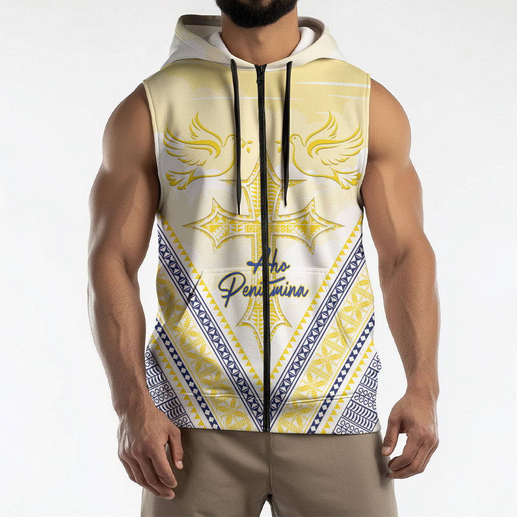 Peniamina Gospel Day Niue Sleeveless Zip Hoodie Cross Dove Hiapo Pattern Yellow LT14 - Polynesian Pride