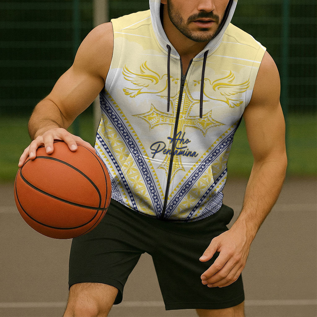 Peniamina Gospel Day Niue Sleeveless Zip Hoodie Cross Dove Hiapo Pattern Yellow LT14 - Polynesian Pride