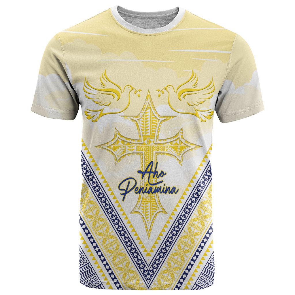 Peniamina Gospel Day Niue T Shirt Cross Dove Hiapo Pattern Yellow LT14 Yellow - Polynesian Pride