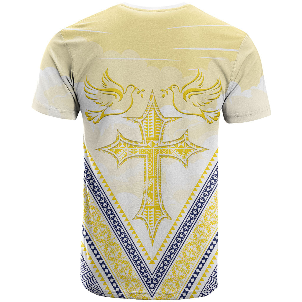 Peniamina Gospel Day Niue T Shirt Cross Dove Hiapo Pattern Yellow LT14 - Polynesian Pride