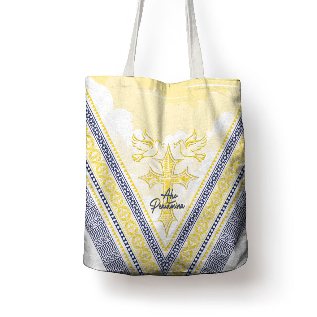 Peniamina Gospel Day Niue Tote Bag Cross Dove Hiapo Pattern Yellow LT14 - Polynesian Pride