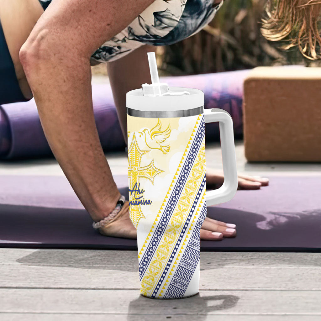 Peniamina Gospel Day Niue Tumbler With Handle Cross Dove Hiapo Pattern Yellow LT14 - Polynesian Pride