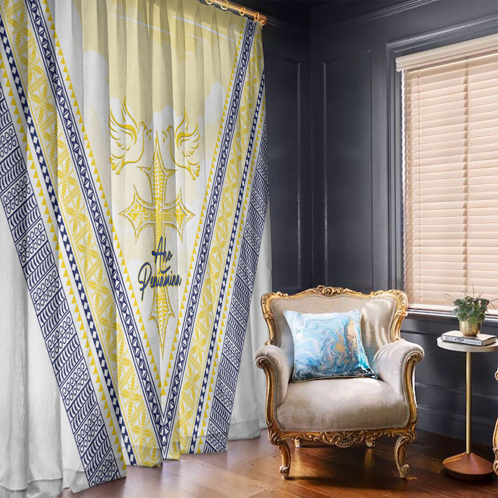 Peniamina Gospel Day Niue Window Curtain Cross Dove Hiapo Pattern Yellow LT14 - Polynesian Pride