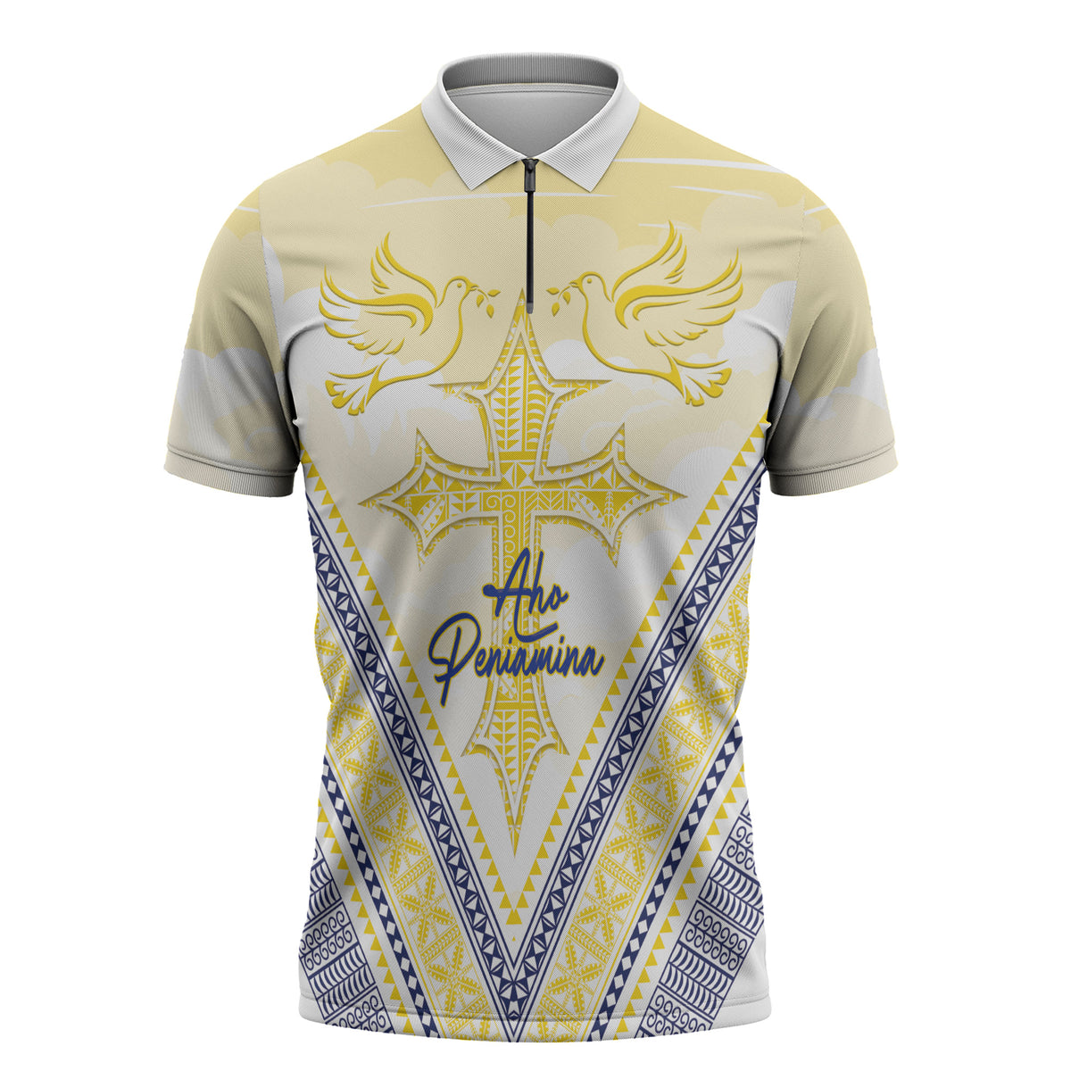 Peniamina Gospel Day Niue Zipper Polo Shirt Cross Dove Hiapo Pattern Yellow LT14 Yellow - Polynesian Pride