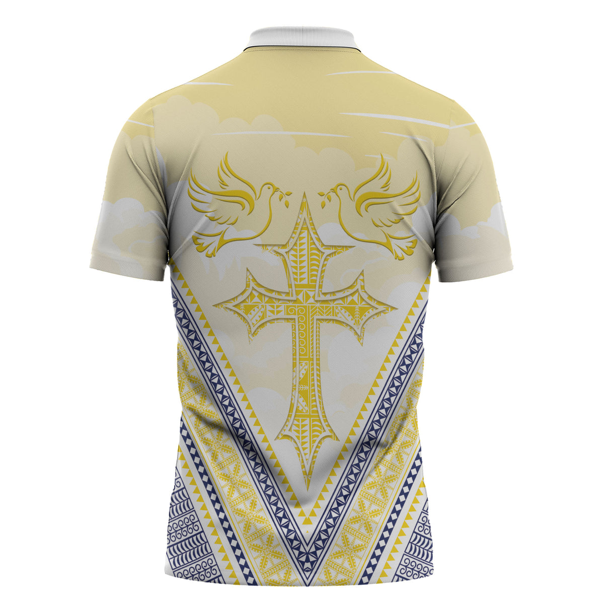 Peniamina Gospel Day Niue Zipper Polo Shirt Cross Dove Hiapo Pattern Yellow LT14 - Polynesian Pride