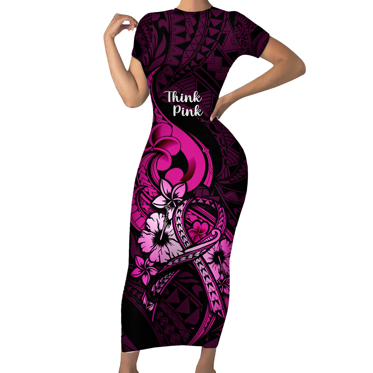 polynesia-breast-cancer-awareness-family-matching-short-sleeve-bodycon-dress-and-hawaiian-shirt-think-pink-polynesian-ribbon-black-version