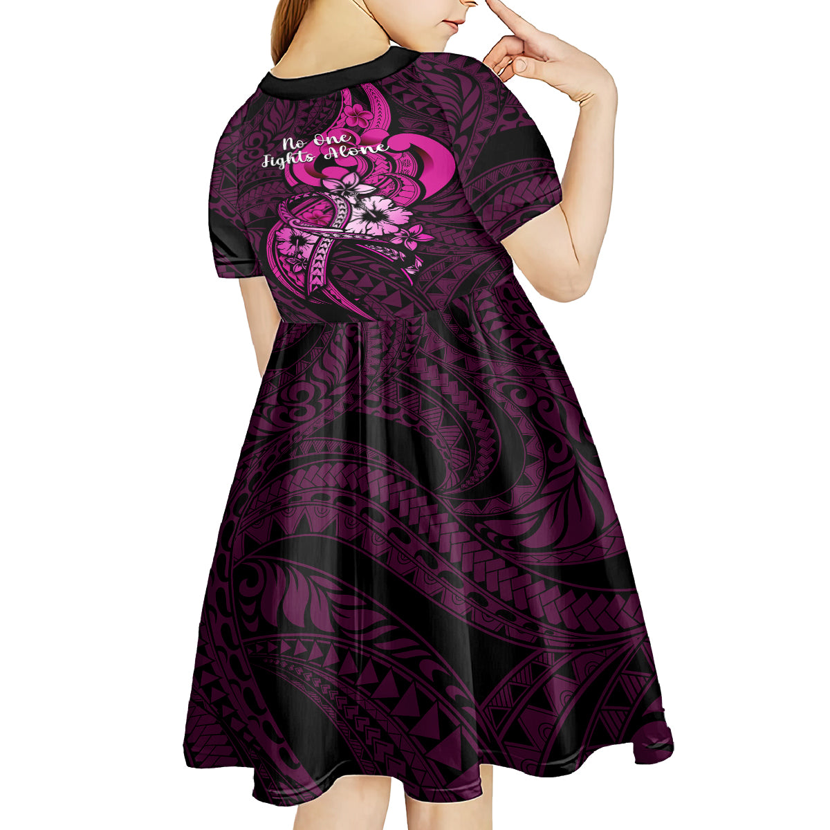 polynesia-breast-cancer-awareness-kid-short-sleeve-dress-think-pink-polynesian-ribbon-black-version