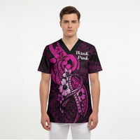 Polynesia Breast Cancer Awareness Scrub Top Think Pink Polynesian Ribbon Black Version - Polynesian Pride