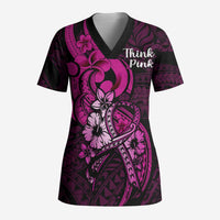 Personalised Polynesia Breast Cancer Awareness Scrub Top Think Pink Polynesian Ribbon Black Version - Polynesian Pride