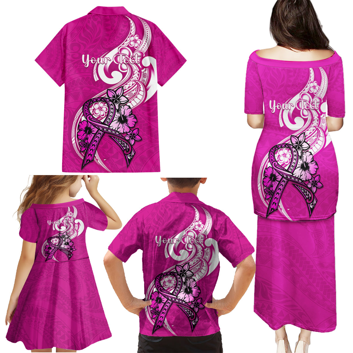 Personalised Polynesia Breast Cancer Awareness Family Matching Puletasi Dress and Hawaiian Shirt Think Pink Polynesian Ribbon White Version LT14 - Polynesian Pride