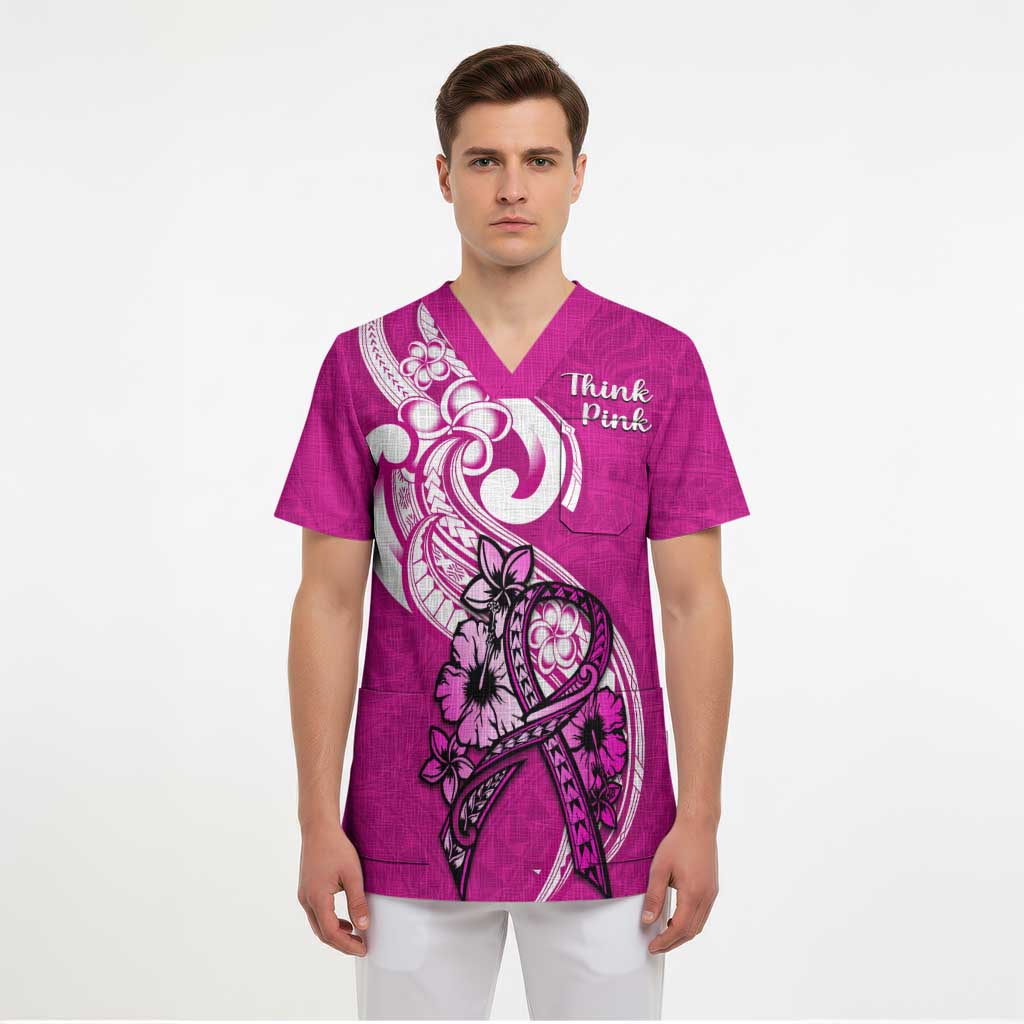 Personalised Polynesia Breast Cancer Awareness Scrub Top Think Pink Polynesian Ribbon White Version - Polynesian Pride