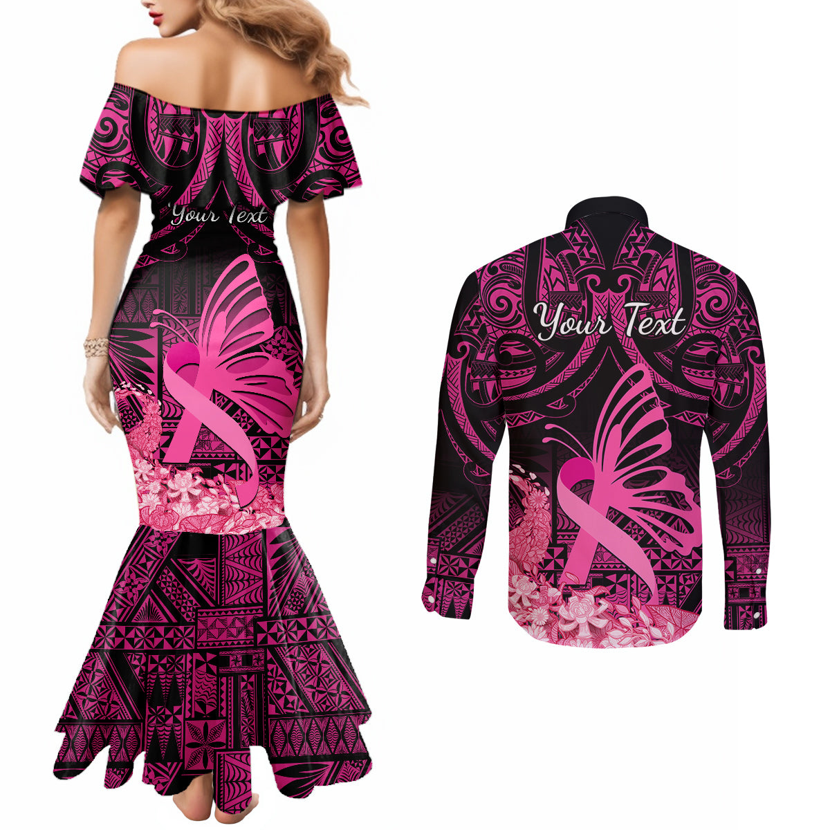 presonalised-tonga-breast-cancer-awareness-couples-matching-mermaid-dress-and-long-sleeve-button-shirts-pink-ribbon-brave-strong-warrior-tongan-ngatu-pattern