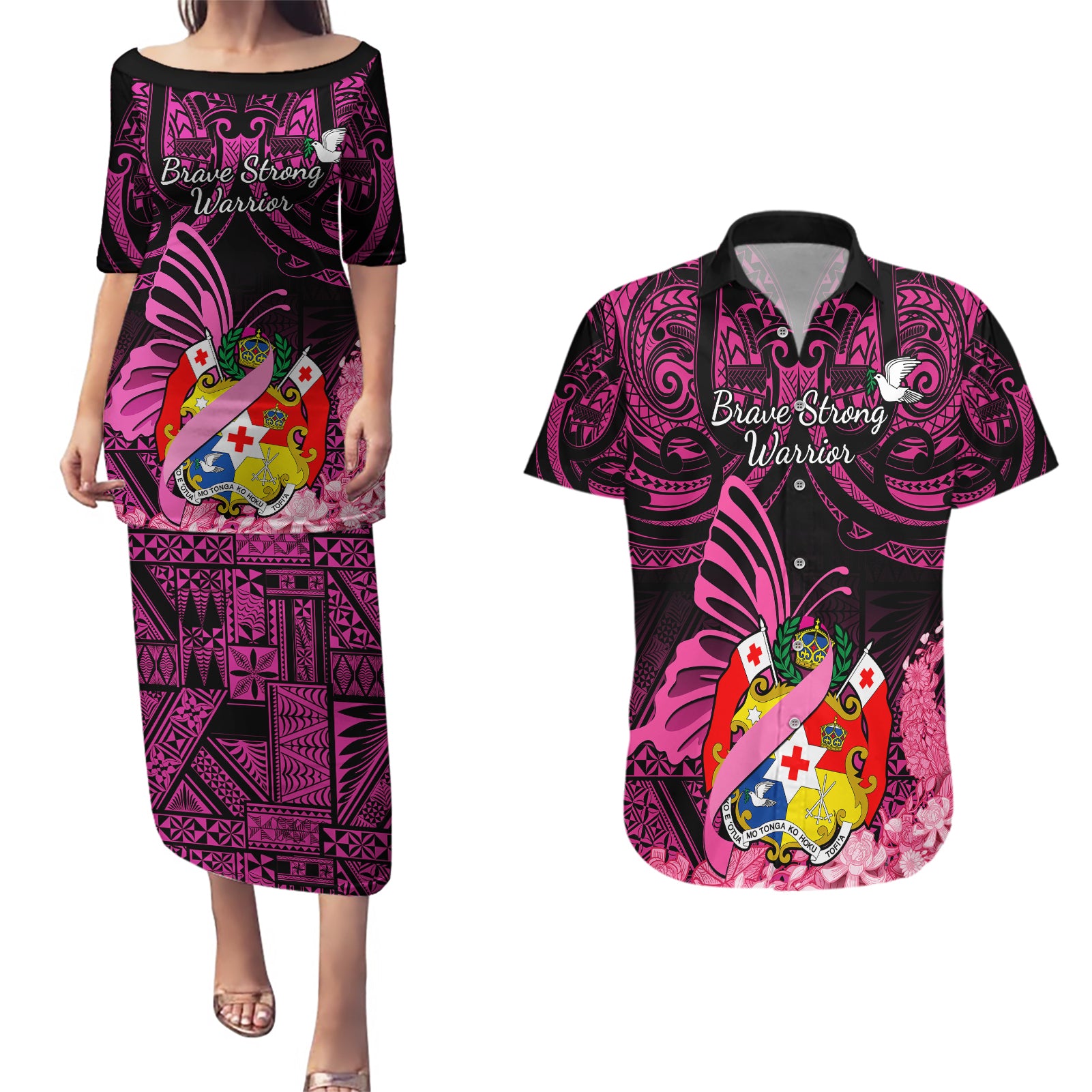 presonalised-tonga-breast-cancer-awareness-couples-matching-puletasi-dress-and-hawaiian-shirt-pink-ribbon-brave-strong-warrior-tongan-ngatu-pattern