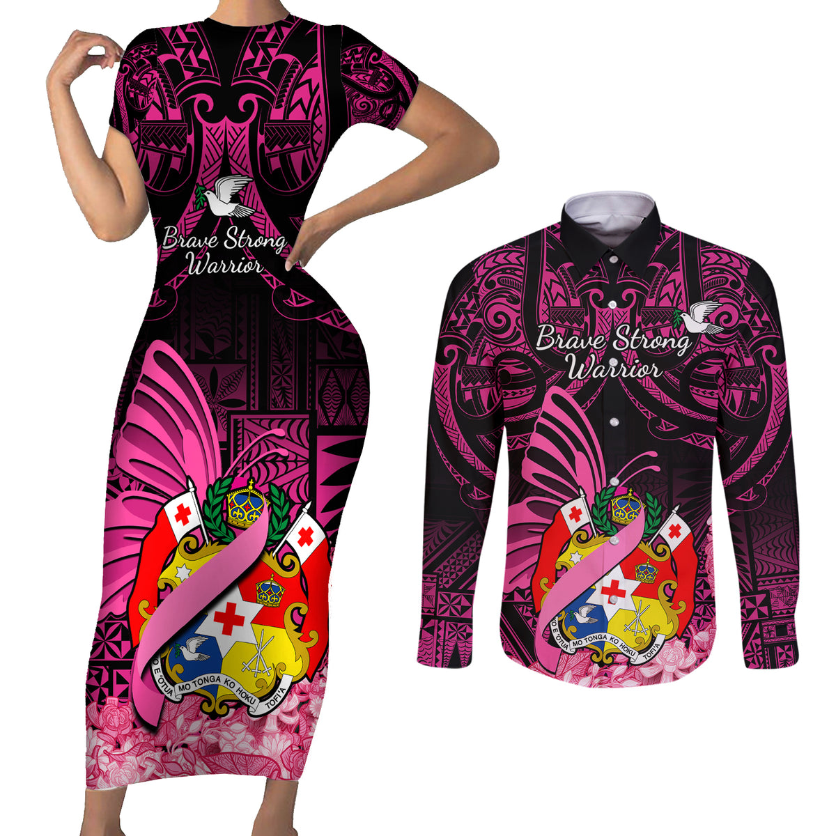 presonalised-tonga-breast-cancer-awareness-couples-matching-short-sleeve-bodycon-dress-and-long-sleeve-button-shirts-pink-ribbon-brave-strong-warrior-tongan-ngatu-pattern