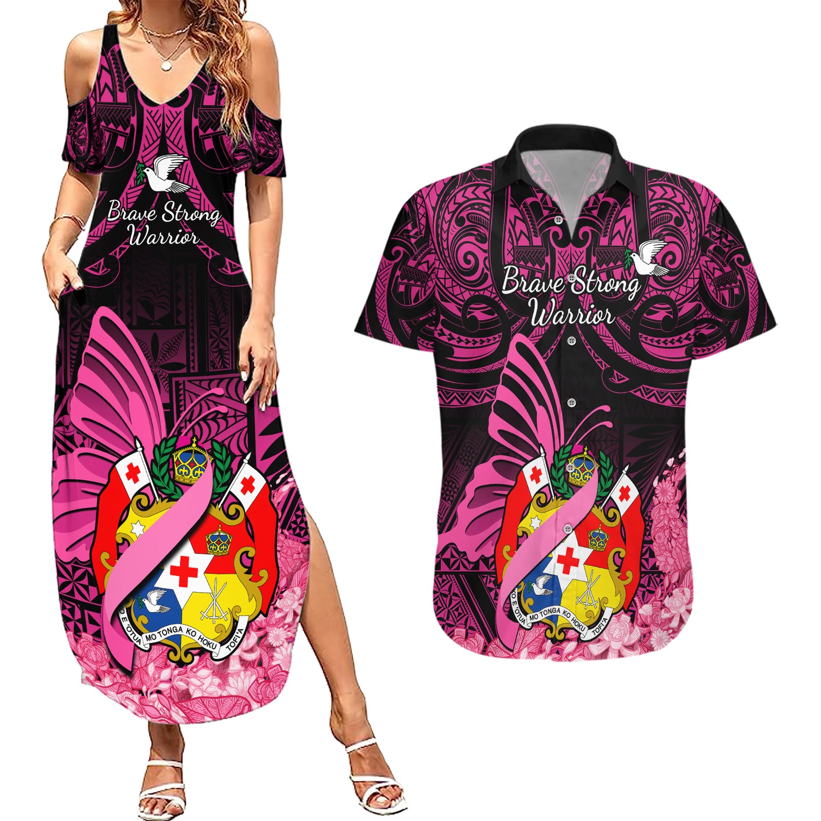 presonalised-tonga-breast-cancer-awareness-couples-matching-summer-maxi-dress-and-hawaiian-shirt-pink-ribbon-brave-strong-warrior-tongan-ngatu-pattern