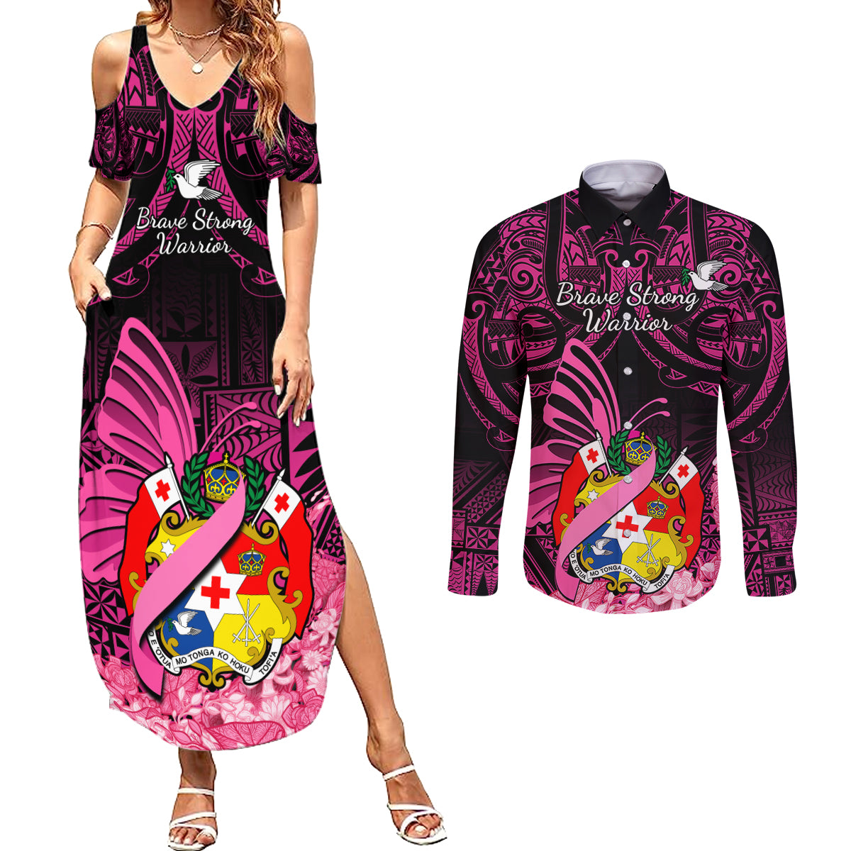 presonalised-tonga-breast-cancer-awareness-couples-matching-summer-maxi-dress-and-long-sleeve-button-shirts-pink-ribbon-brave-strong-warrior-tongan-ngatu-pattern