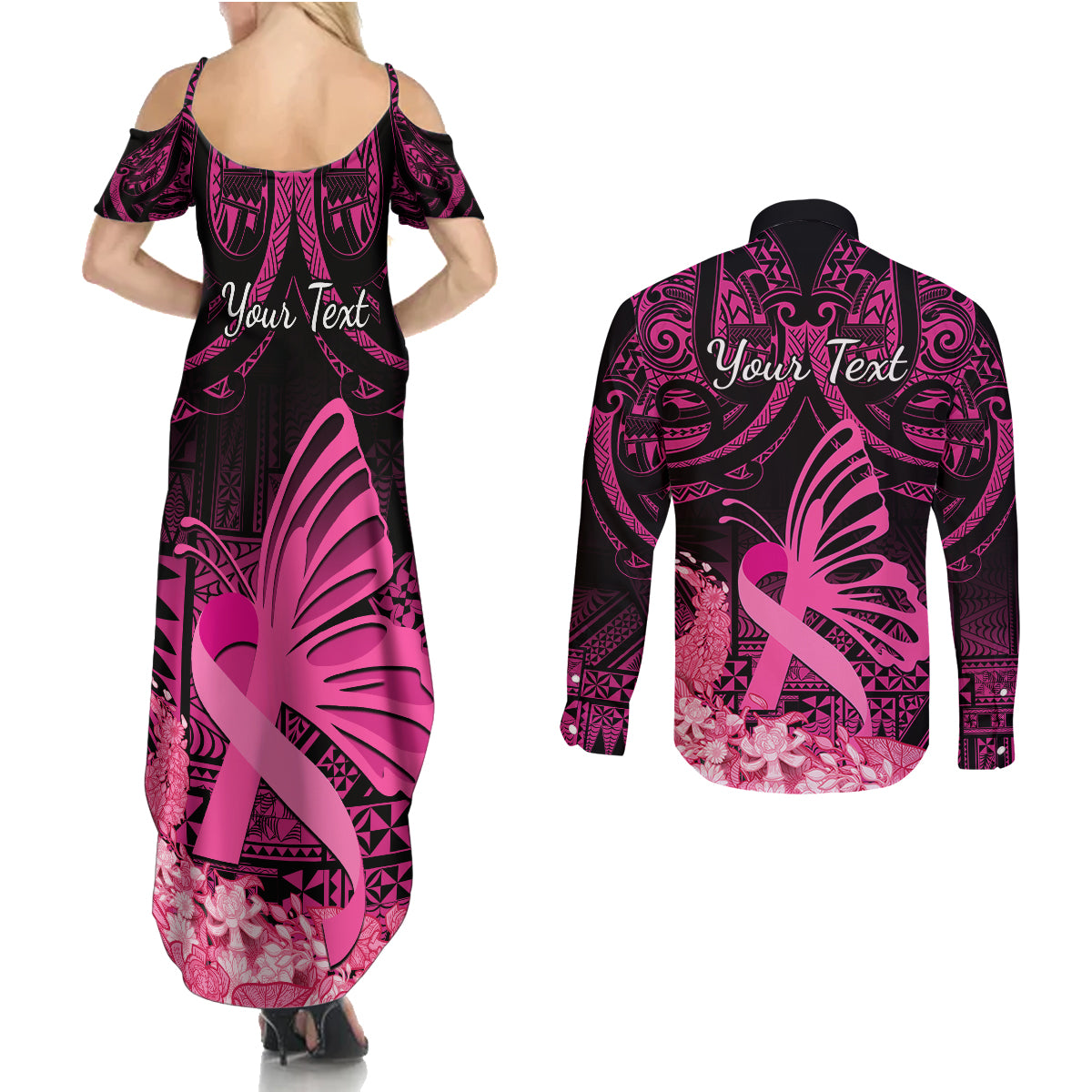 presonalised-tonga-breast-cancer-awareness-couples-matching-summer-maxi-dress-and-long-sleeve-button-shirts-pink-ribbon-brave-strong-warrior-tongan-ngatu-pattern
