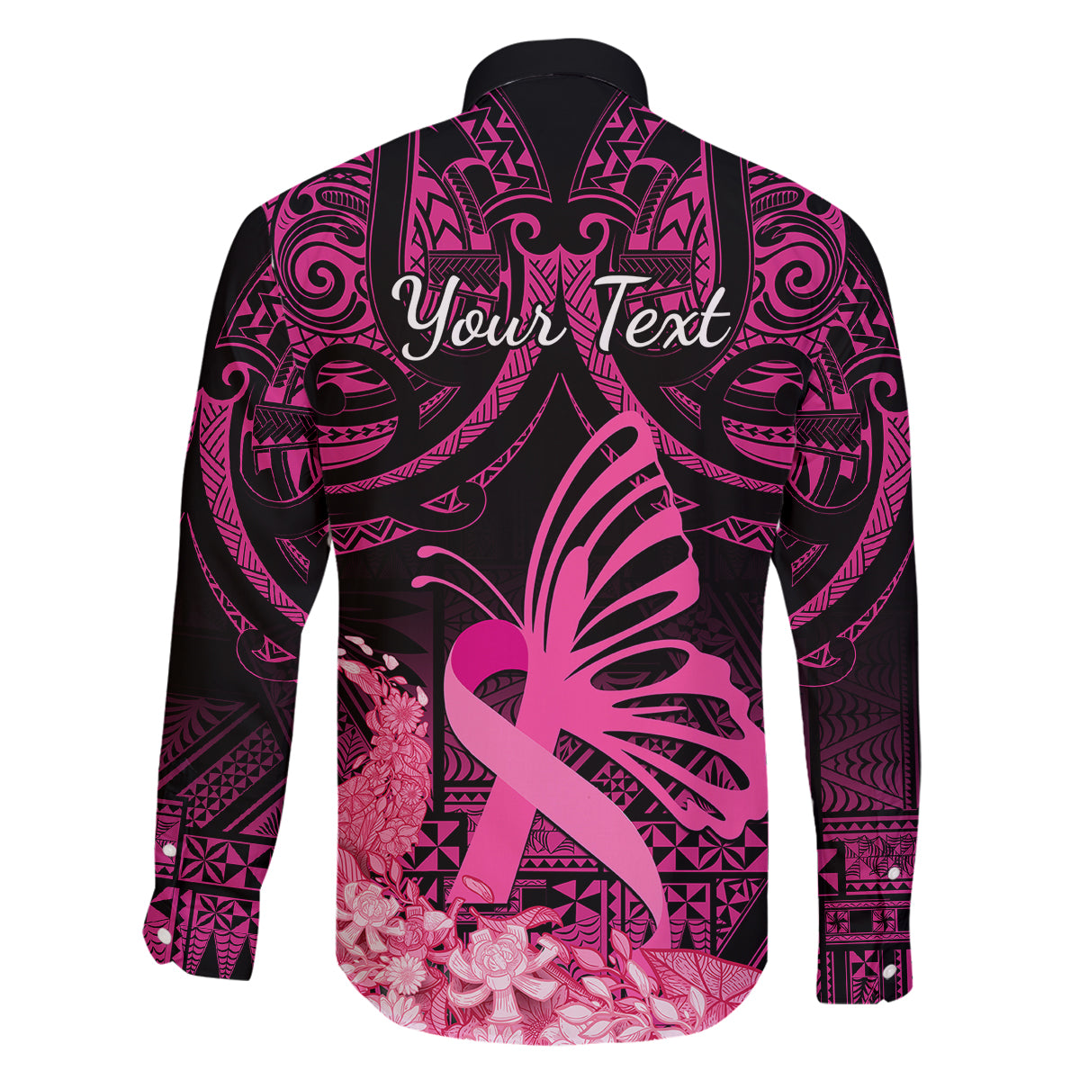 Presonalised Tonga Breast Cancer Awareness Family Matching Off Shoulder Long Sleeve Dress and Hawaiian Shirt Pink Ribbon Brave Strong Warrior Tongan Ngatu Pattern LT14 - Polynesian Pride