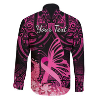 Presonalised Tonga Breast Cancer Awareness Family Matching Off Shoulder Long Sleeve Dress and Hawaiian Shirt Pink Ribbon Brave Strong Warrior Tongan Ngatu Pattern LT14 - Polynesian Pride