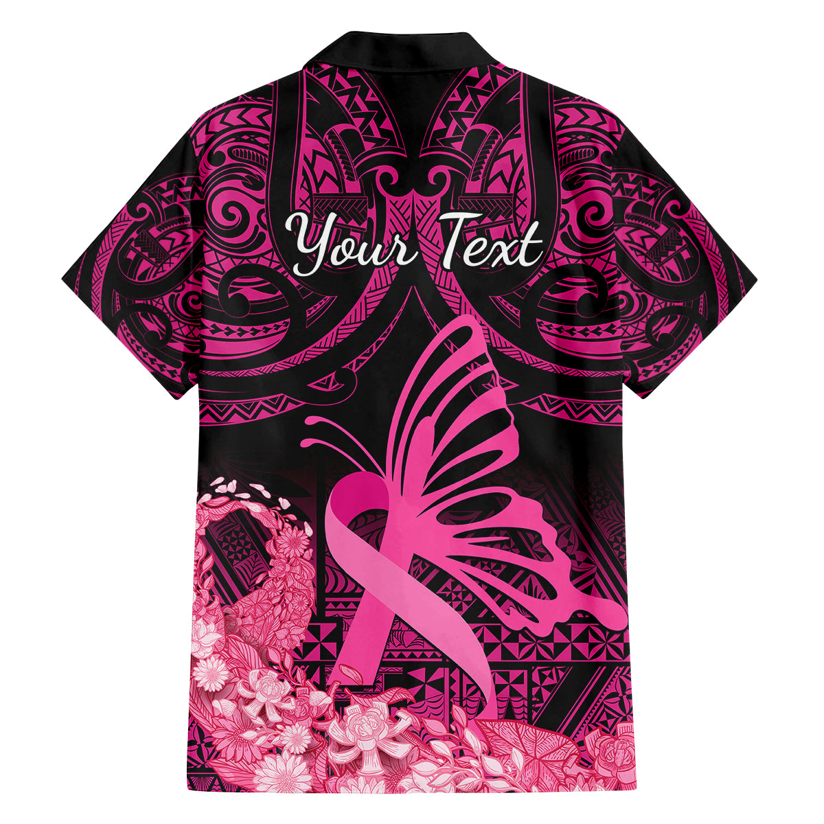 Presonalised Tonga Breast Cancer Awareness Family Matching Off Shoulder Short Dress and Hawaiian Shirt Pink Ribbon Brave Strong Warrior Tongan Ngatu Pattern LT14 - Polynesian Pride