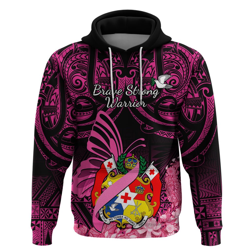 Presonalised Tonga Breast Cancer Awareness Hoodie Pink Ribbon Brave Strong Warrior Tongan Ngatu Pattern LT14 Pink - Polynesian Pride