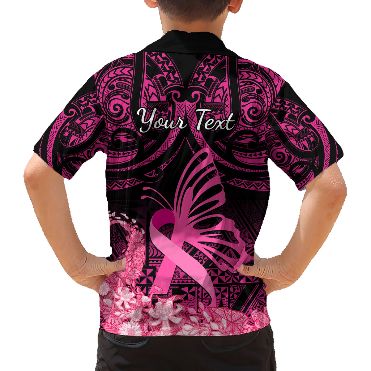 presonalised-tonga-breast-cancer-awareness-kid-hawaiian-shirt-pink-ribbon-brave-strong-warrior-tongan-ngatu-pattern