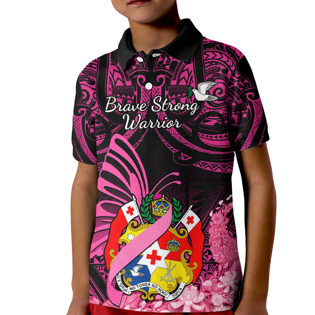 Presonalised Tonga Breast Cancer Awareness Kid Polo Shirt Pink Ribbon Brave Strong Warrior Tongan Ngatu Pattern LT14 Kid Pink - Polynesian Pride