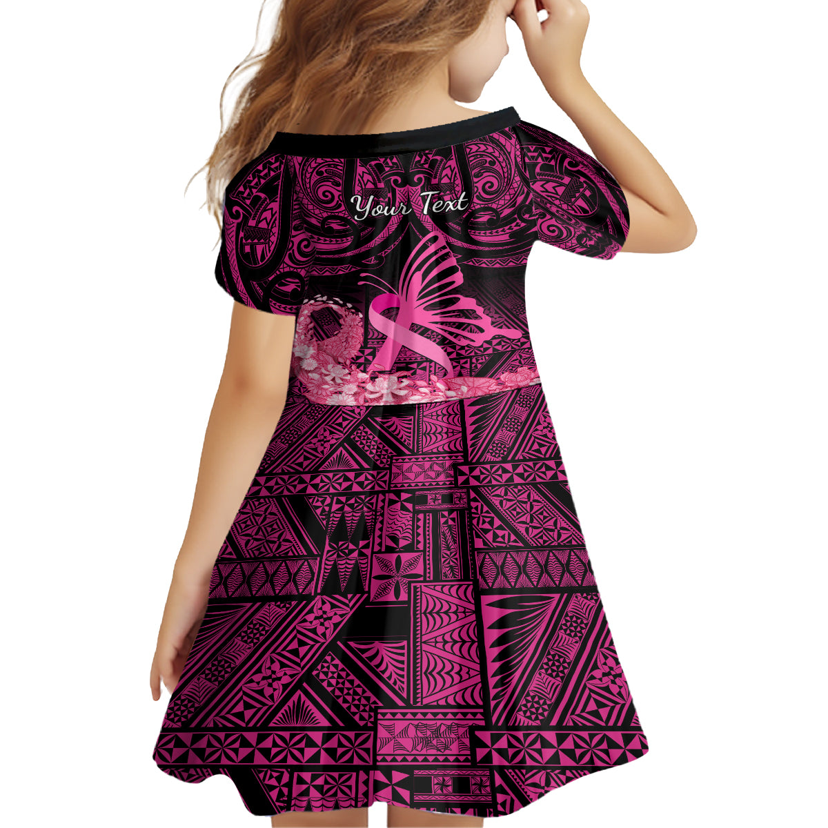 presonalised-tonga-breast-cancer-awareness-kid-short-sleeve-dress-pink-ribbon-brave-strong-warrior-tongan-ngatu-pattern