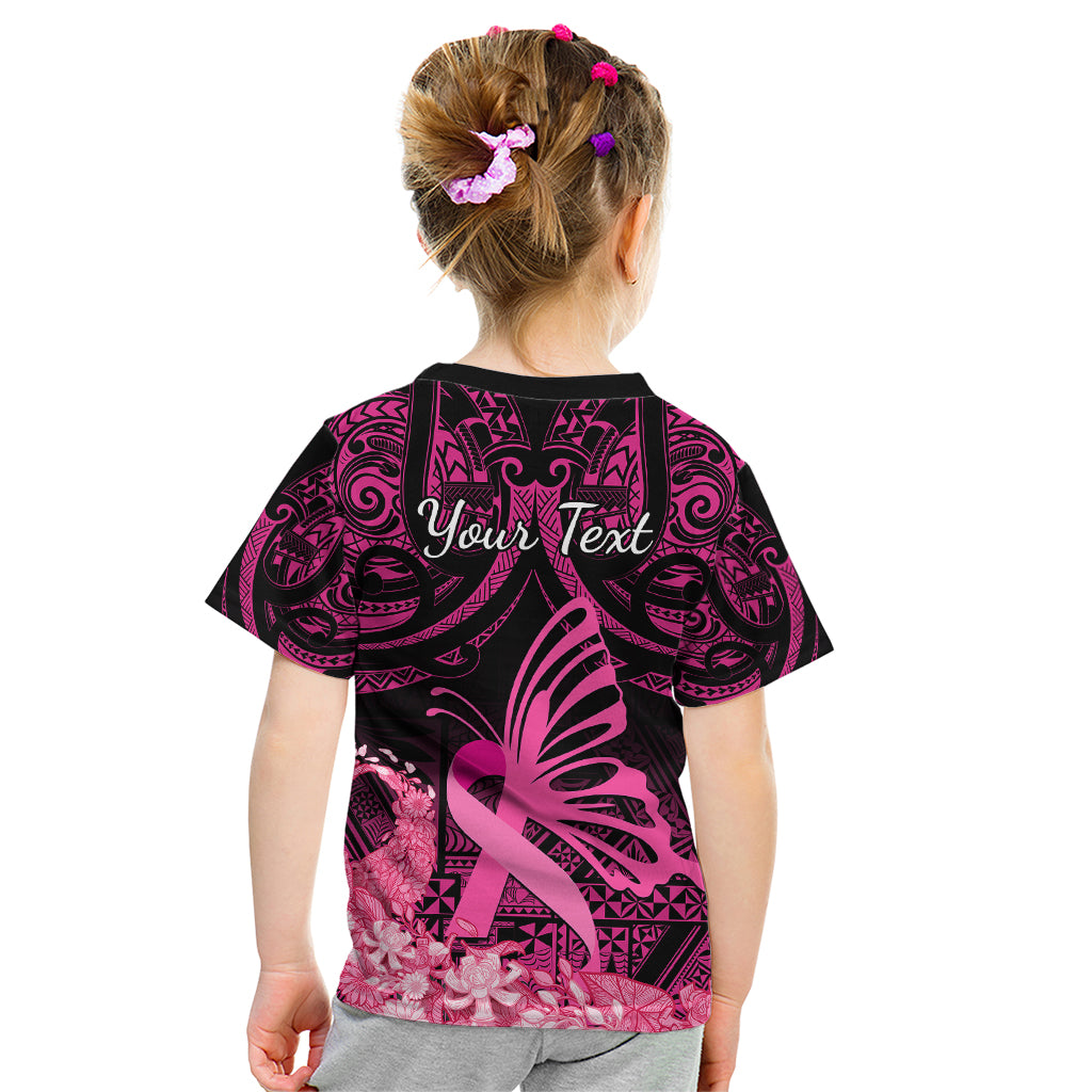 Presonalised Tonga Breast Cancer Awareness Kid T Shirt Pink Ribbon Brave Strong Warrior Tongan Ngatu Pattern LT14 - Polynesian Pride