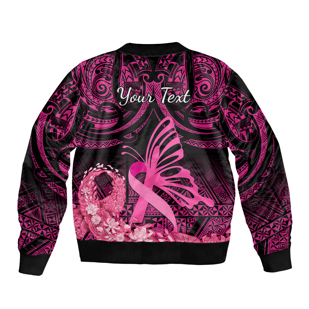presonalised-tonga-breast-cancer-awareness-sleeve-zip-bomber-jacket-pink-ribbon-brave-strong-warrior-tongan-ngatu-pattern