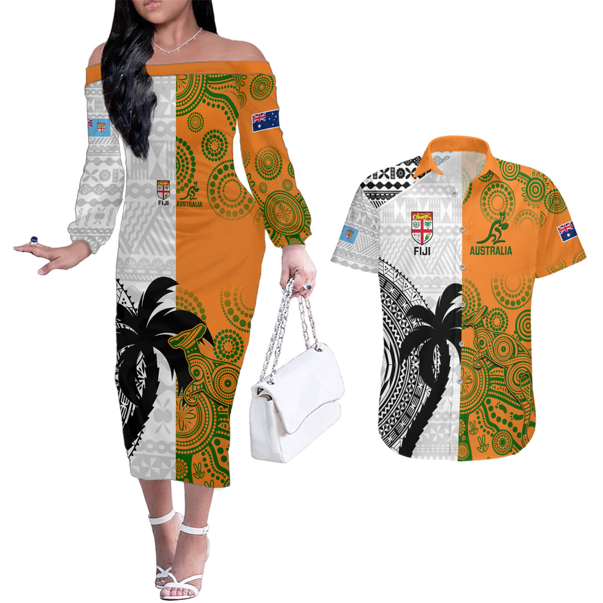 fiji-and-australia-rugby-couples-matching-off-the-shoulder-long-sleeve-dress-and-hawaiian-shirt-2023-world-cup-aboriginal-mix-tapa-pattern