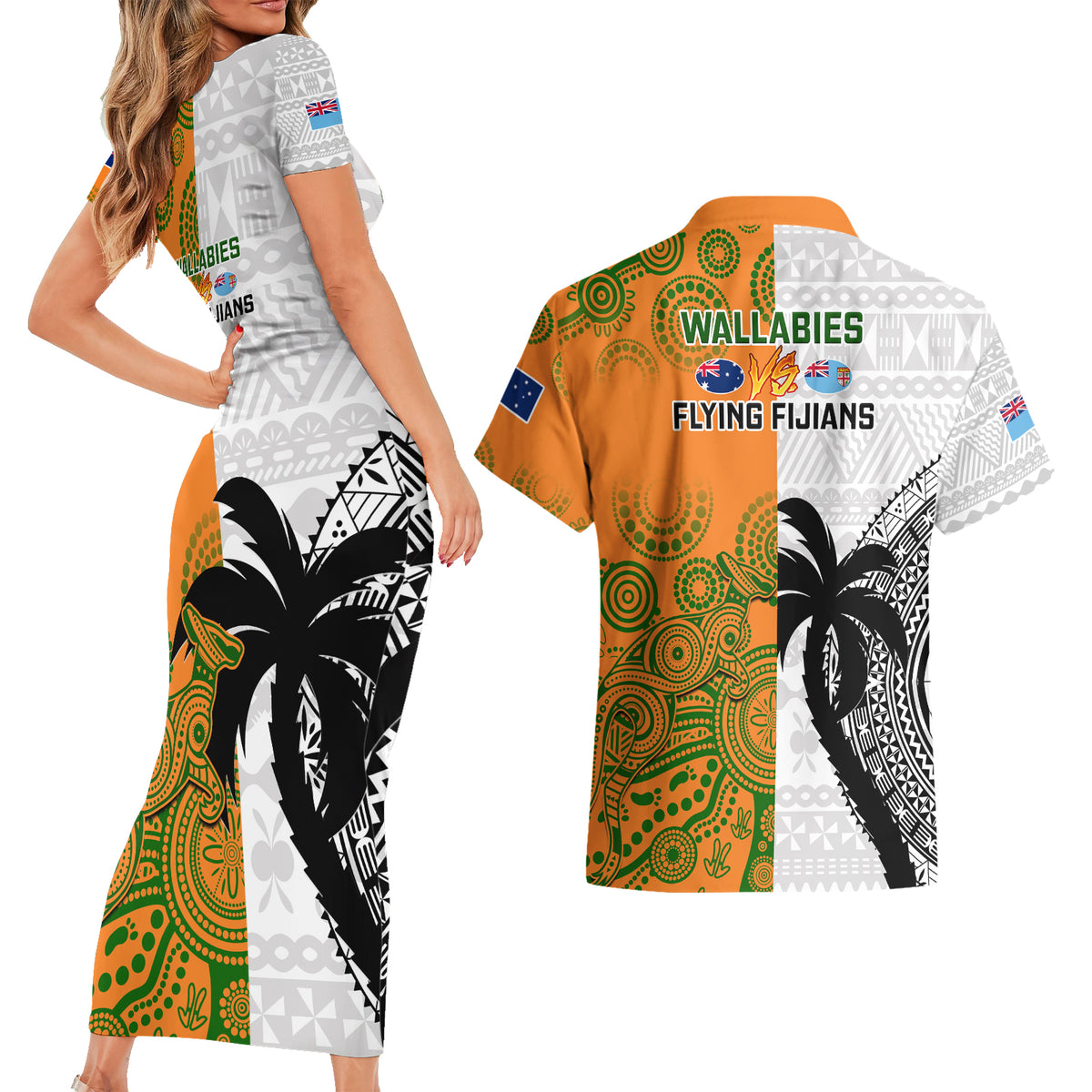 fiji-and-australia-rugby-couples-matching-short-sleeve-bodycon-dress-and-hawaiian-shirt-2023-world-cup-aboriginal-mix-tapa-pattern