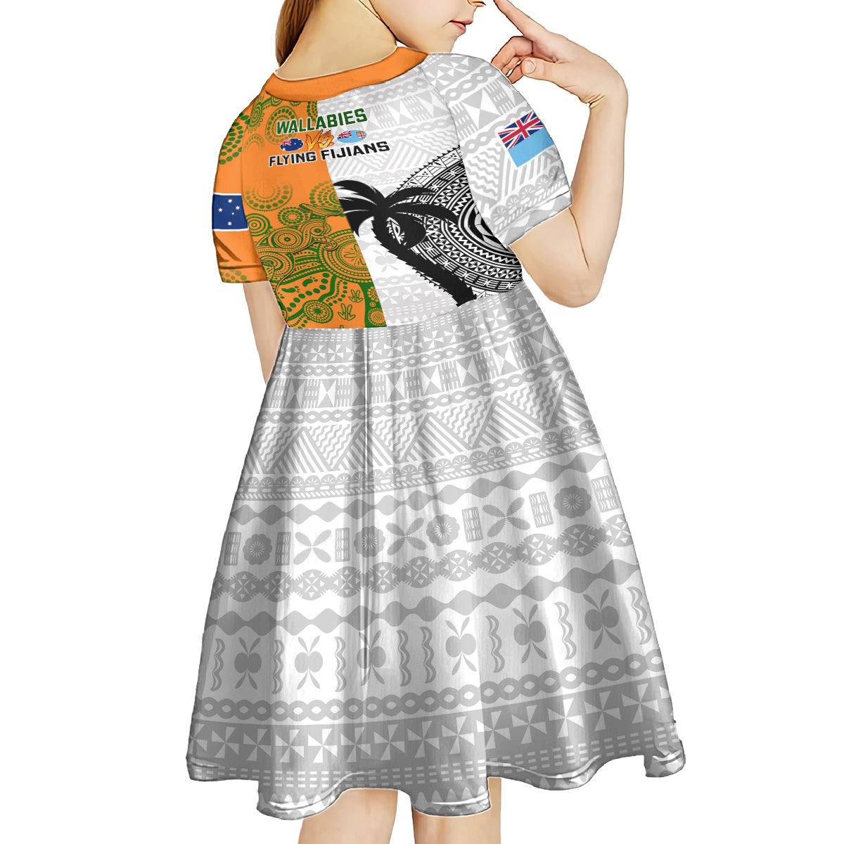 Fiji And Australia Rugby Kid Short Sleeve Dress 2023 World Cup Aboriginal Mix Tapa Pattern LT14 - Polynesian Pride