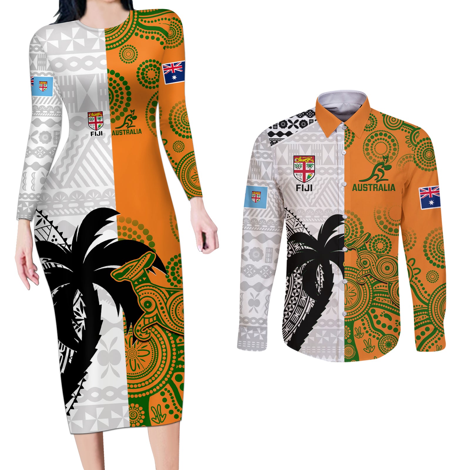 custom-fiji-and-australia-rugby-couples-matching-long-sleeve-bodycon-dress-and-long-sleeve-button-shirts-2023-world-cup-aboriginal-mix-tapa-pattern