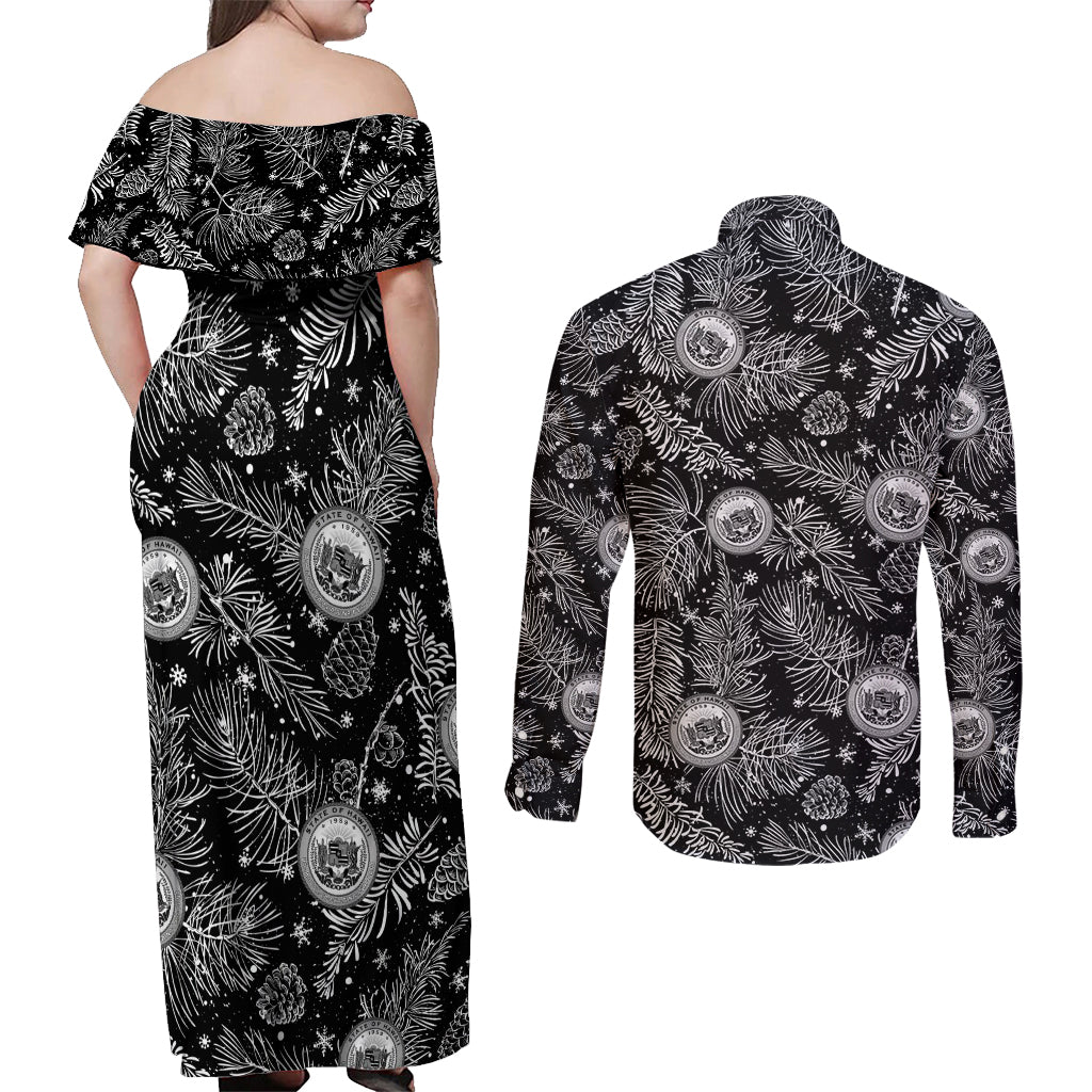 Hawaii Christmas Couples Matching Off Shoulder Maxi Dress and Long Sleeve Button Shirt Tropical Style With Coat Of Arms LT14 - Polynesian Pride