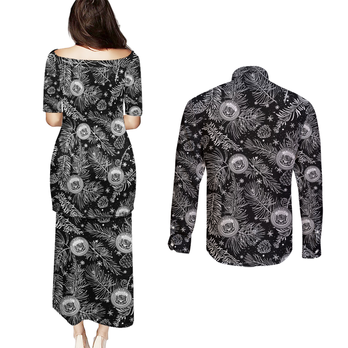 Hawaii Christmas Couples Matching Puletasi Dress and Long Sleeve Button Shirt Tropical Style With Coat Of Arms LT14 - Polynesian Pride